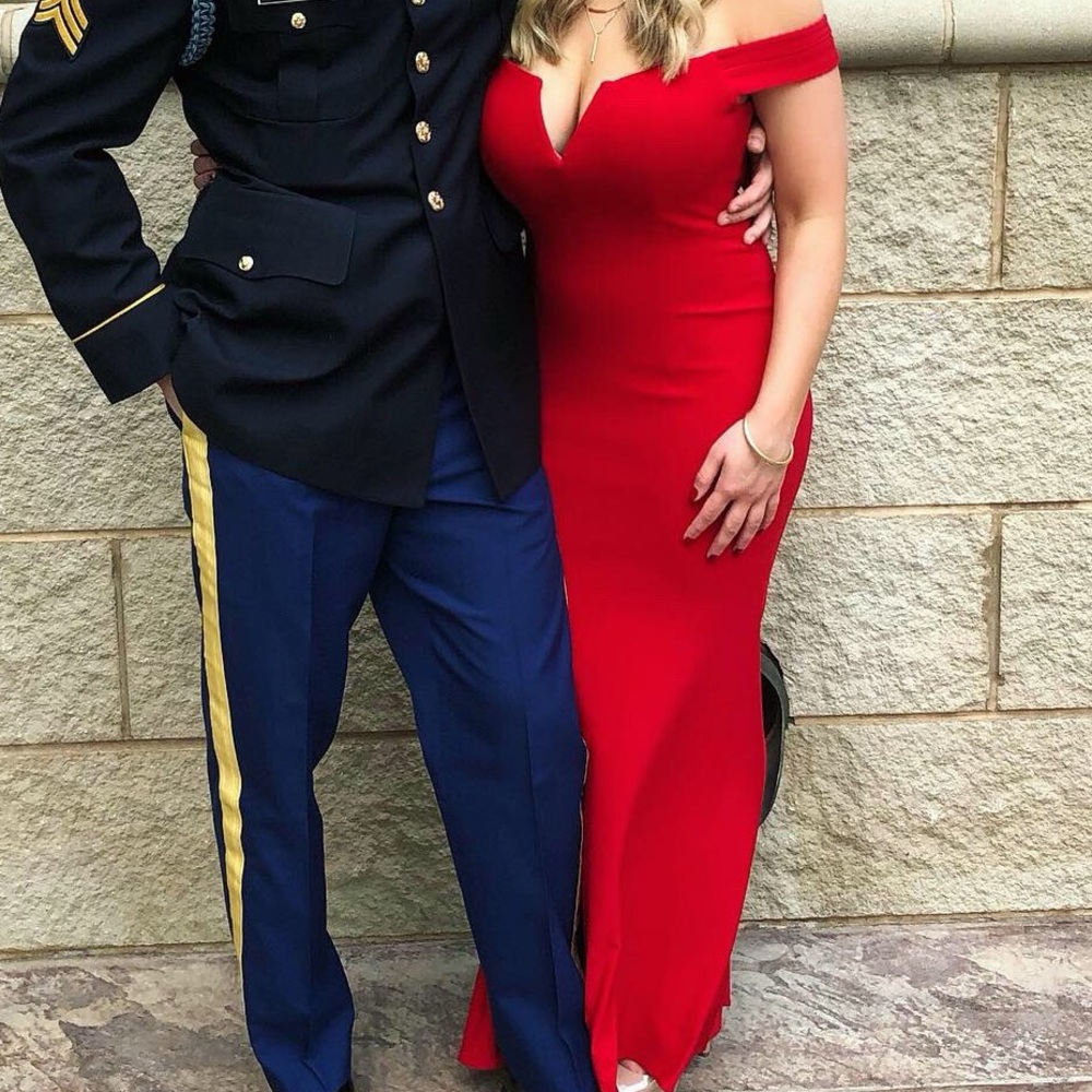 Formal gown, red, floor length, off the shoulder, fitted